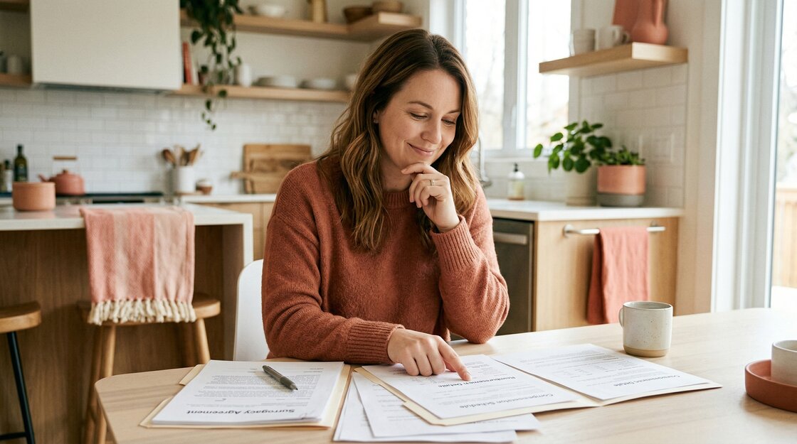 Surrogate reviewing compensation documents — How much do surrogates make in 2026